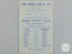 Bury v Manchester United Lancashire Senior Cup single-sheet match programme, 9th April 1958