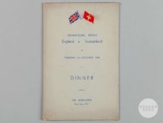 England v Switzerland Dinner Menu at the Dorchester 2nd December 1948