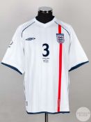 Ashley Cole white No.3 England short sleeved FIFA World Cup 2002 shirt v Brazil 21/06/02.