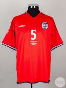 Rio Ferdinand red No.5 England short sleeved 2002 shirt.