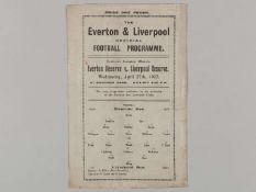 Everton Reserves v. Liverpool Reserves single sheet match card, 27th April 1927.