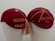 J Spencer two marron Durham Schools footballs caps, 1912 and 1912-13