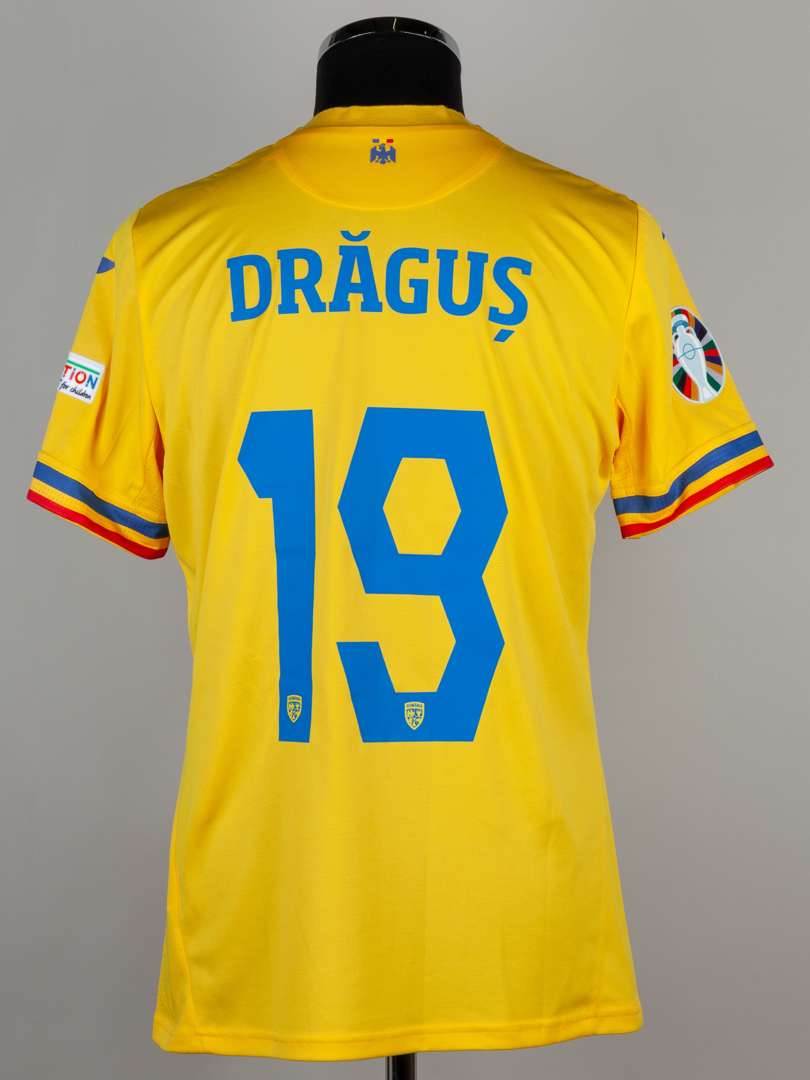 Denis Dragus yellow, blue and red No.19 Romania v. Ukraine match issued short-sleeved shirt, 2024. - Image 2 of 5