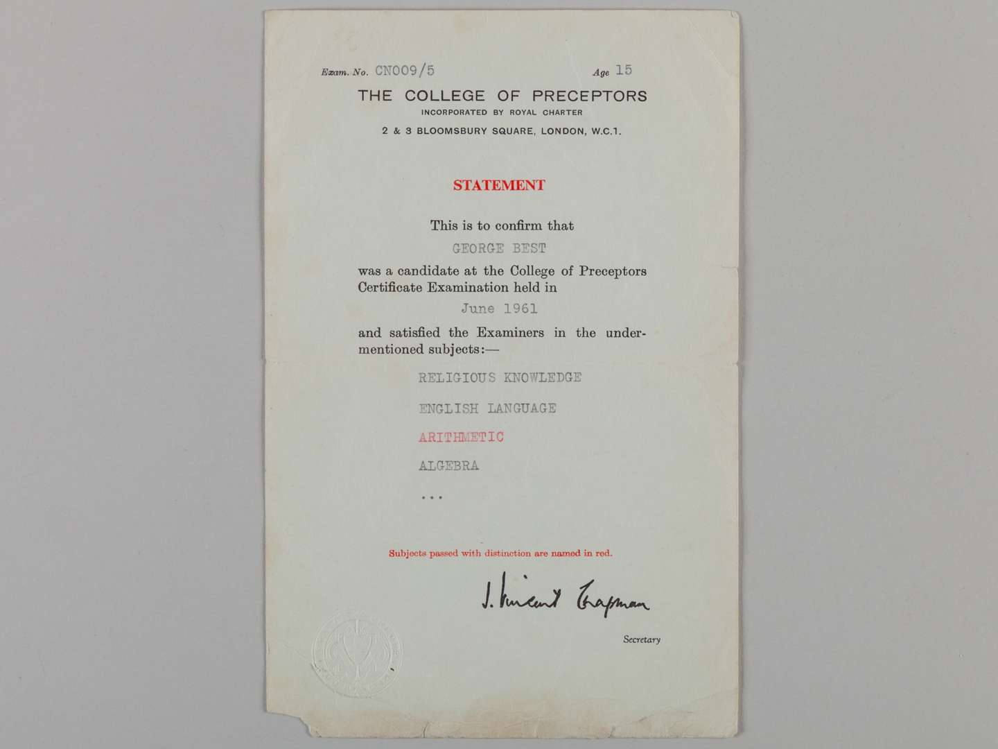 George Best College of Preceptors Report, 1961.