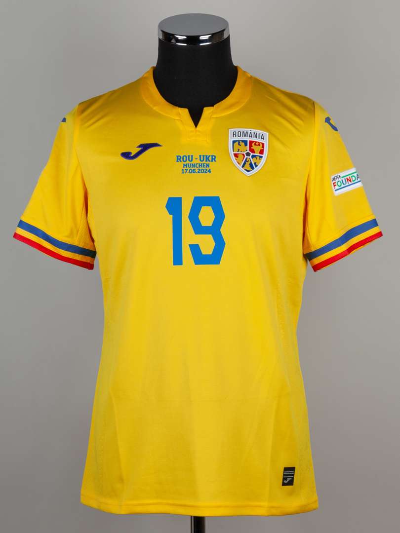 Denis Dragus yellow, blue and red No.19 Romania v. Ukraine match issued short-sleeved shirt, 2024.