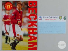 David Beckham autographed colour card, c.1996-98 with match ticket Wimbledon v Manchester United