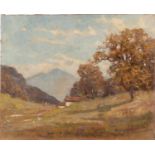 Giulio Fiori (Bologna 1909 - 1991), “Paesaggio con montagna”. Olio su tela, firmato in basso a