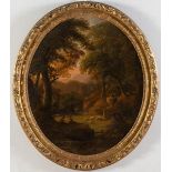 Maestro del XVIII secolo, “Paesaggio con figure”. Olio su tela ovale, H cm 92x77