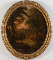 Maestro del XVIII secolo, “Paesaggio con figure”. Olio su tela ovale, H cm 92x77
