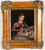 Maestro del XVII secolo, “Madonna con Bambino”. Olio su rame, H cm 18x15