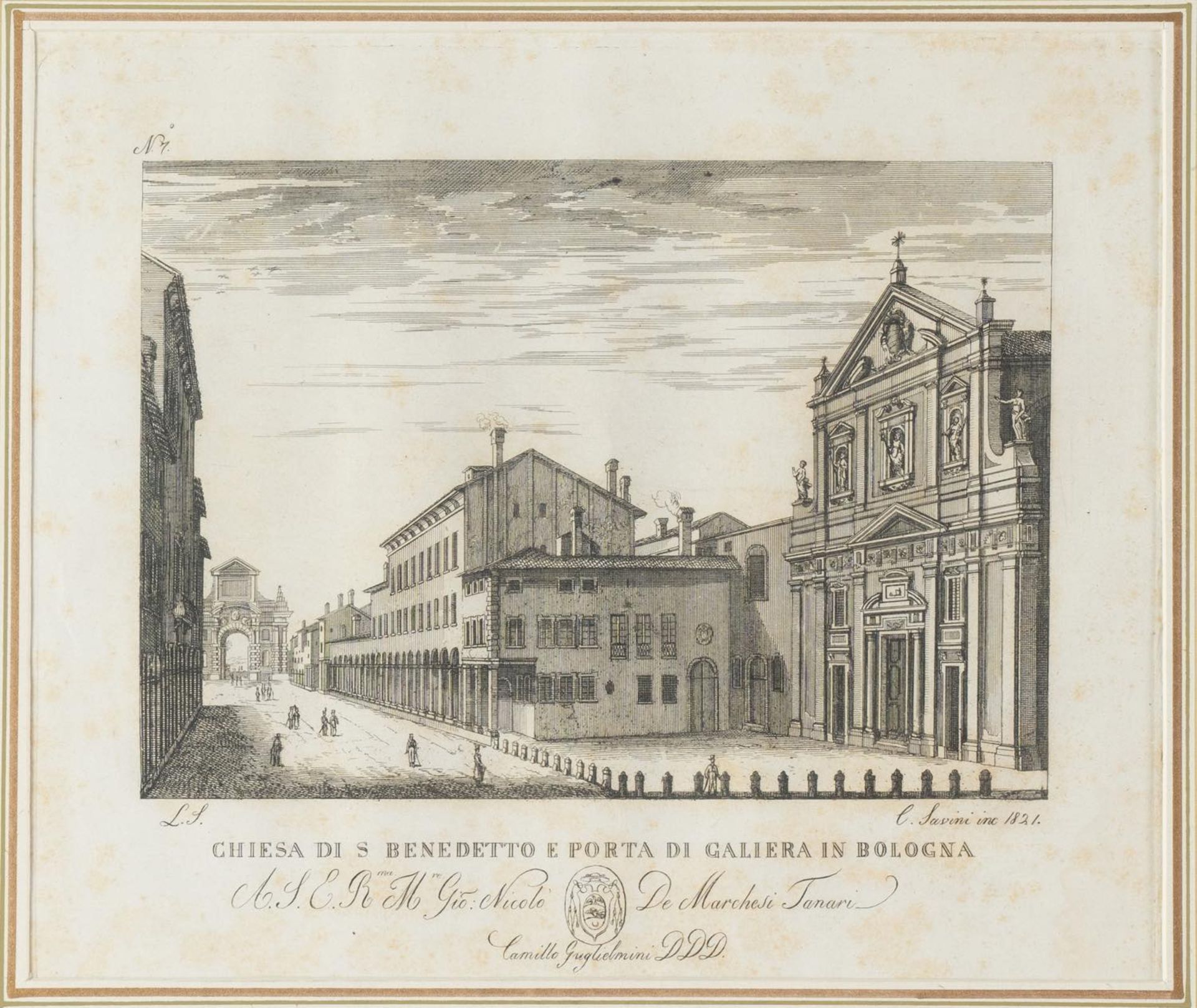 C. Savini (XIX-XX secolo), “Chiesa di S. Benedetto e Porta di Galiera in Bologna”. Incisione