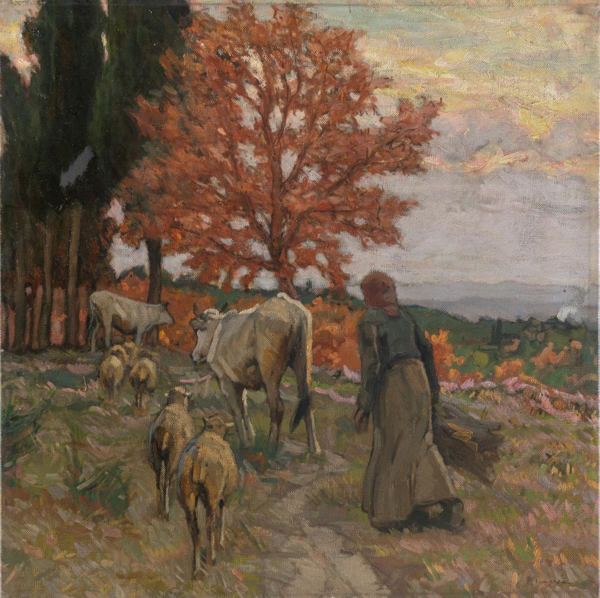 Ruggero Panerai (Firenze 1862 - Parigi 1923), “Il ritorno al tramonto”. Olio su tela, firmato