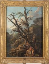 Salvator Rosa (Napoli 1615 - Roma 1673), seguace di, “Paesaggio rupestre”. Olio su tela, entro