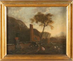 Maestro del XVIII secolo, “Paesaggio con pastori”. Olio su tela, H cm 58x73
