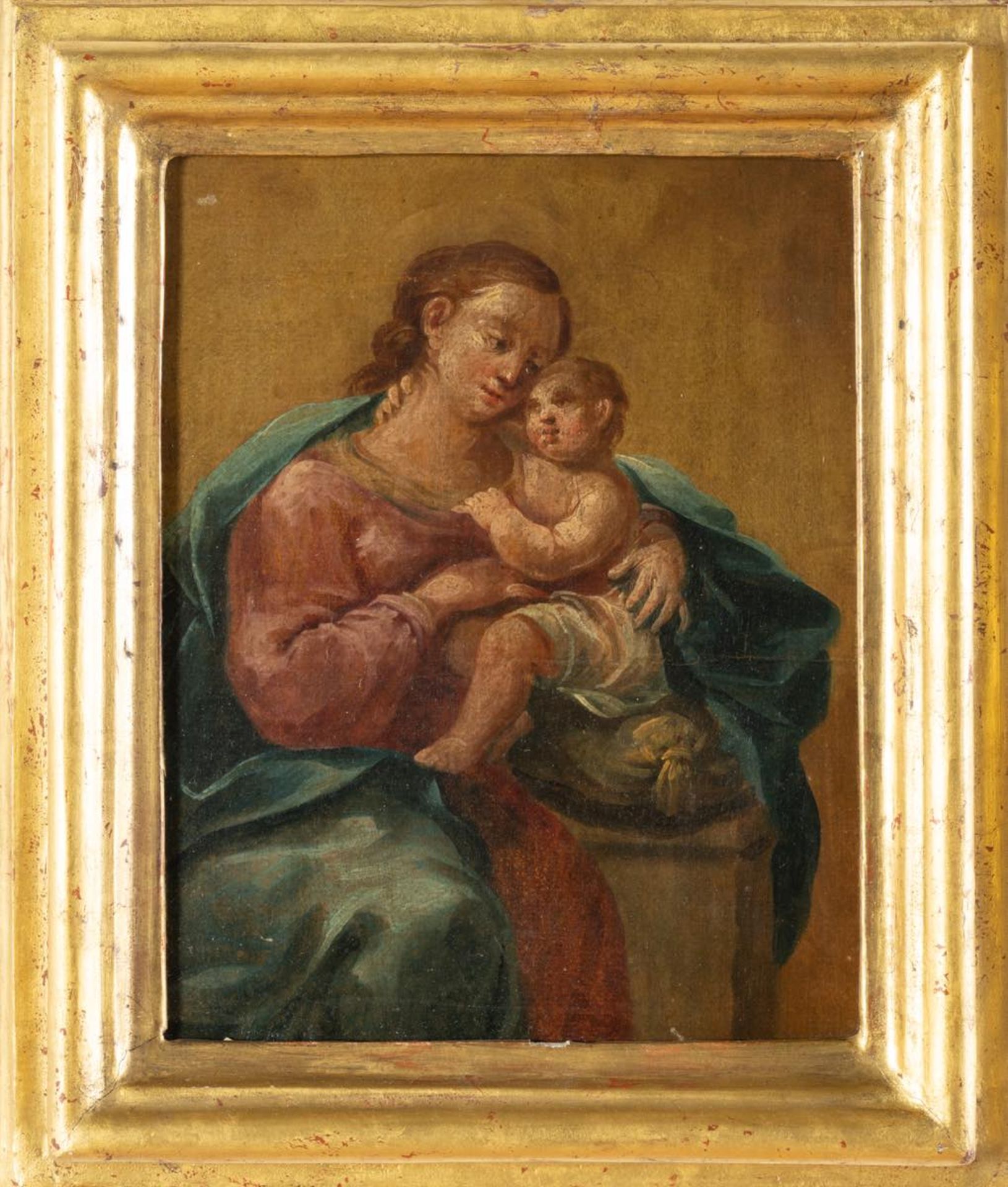 Maestro del XVIII secolo, “Madonna con Bambino”. Olio su tavola, H cm 26x21