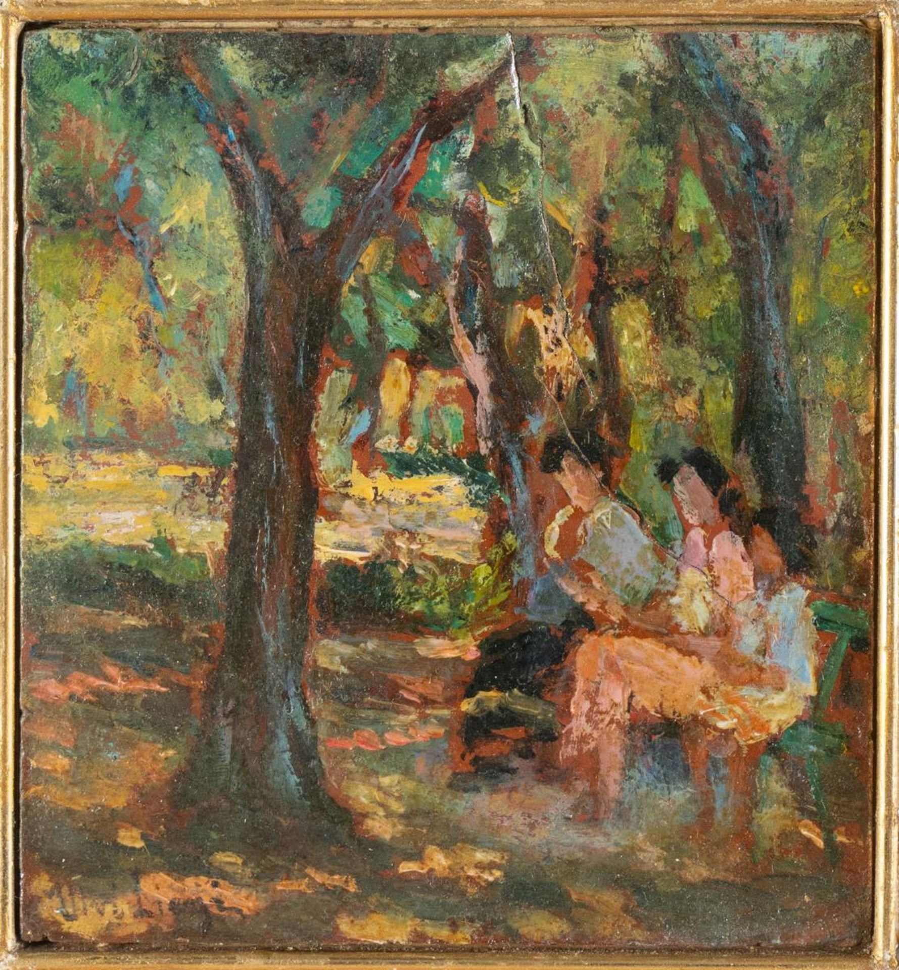 Ulvi Liegi (Livorno 1858 - 1939), “La lettura nel bosco”. Olio su cartone, firmato in basso a