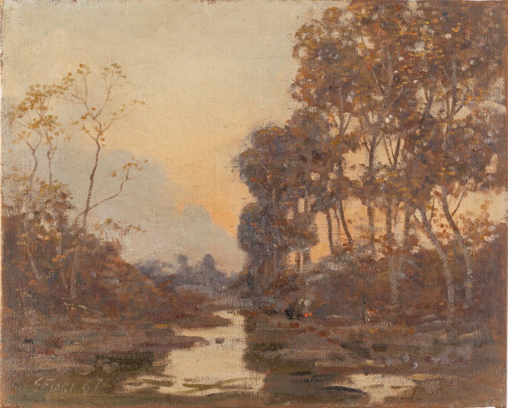 Giulio Fiori (Bologna 1909 - 1991), “Paesaggio al tramonto”, 1967. Olio su tela, firmato e