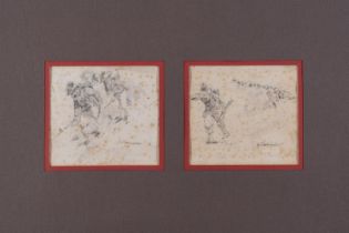 Michele Cammarano (Napoli 1835 - 1920), “Soldati”. Coppia di matite su carta, firmate in basso