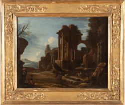 Viviano Codazzi (Bergamo 1604 circa - Roma 1670), ambito di, “Paesaggio con rovine”. Olio su