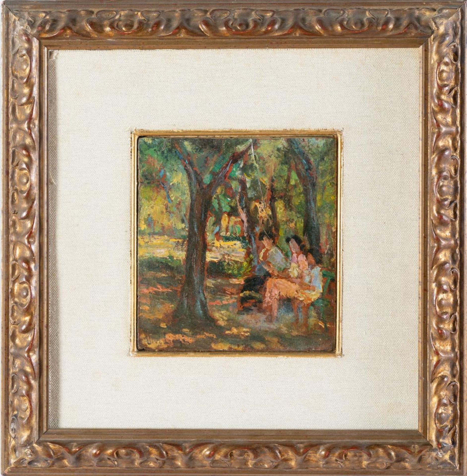 Ulvi Liegi (Livorno 1858 - 1939), “La lettura nel bosco”. Olio su cartone, firmato in basso a - Image 2 of 4