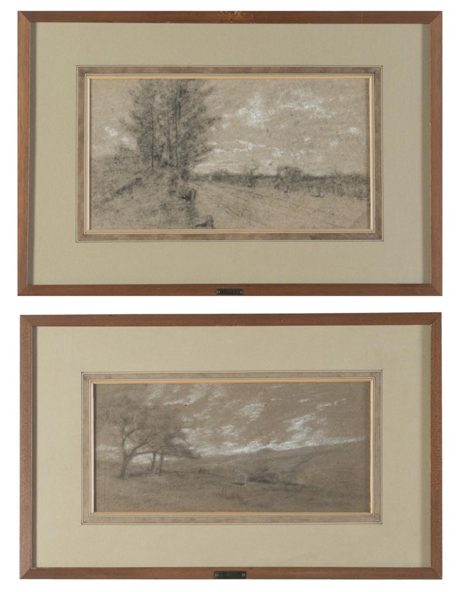 Coriolano Vighi (Firenze 1852 - Bologna 1905), “Paesaggi”. Coppia di tecniche miste su carta,