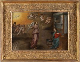 Maestro Toscano degli inizi del XVII secolo, “Annunciazione”. Olio su rame, H cm 28x40.5