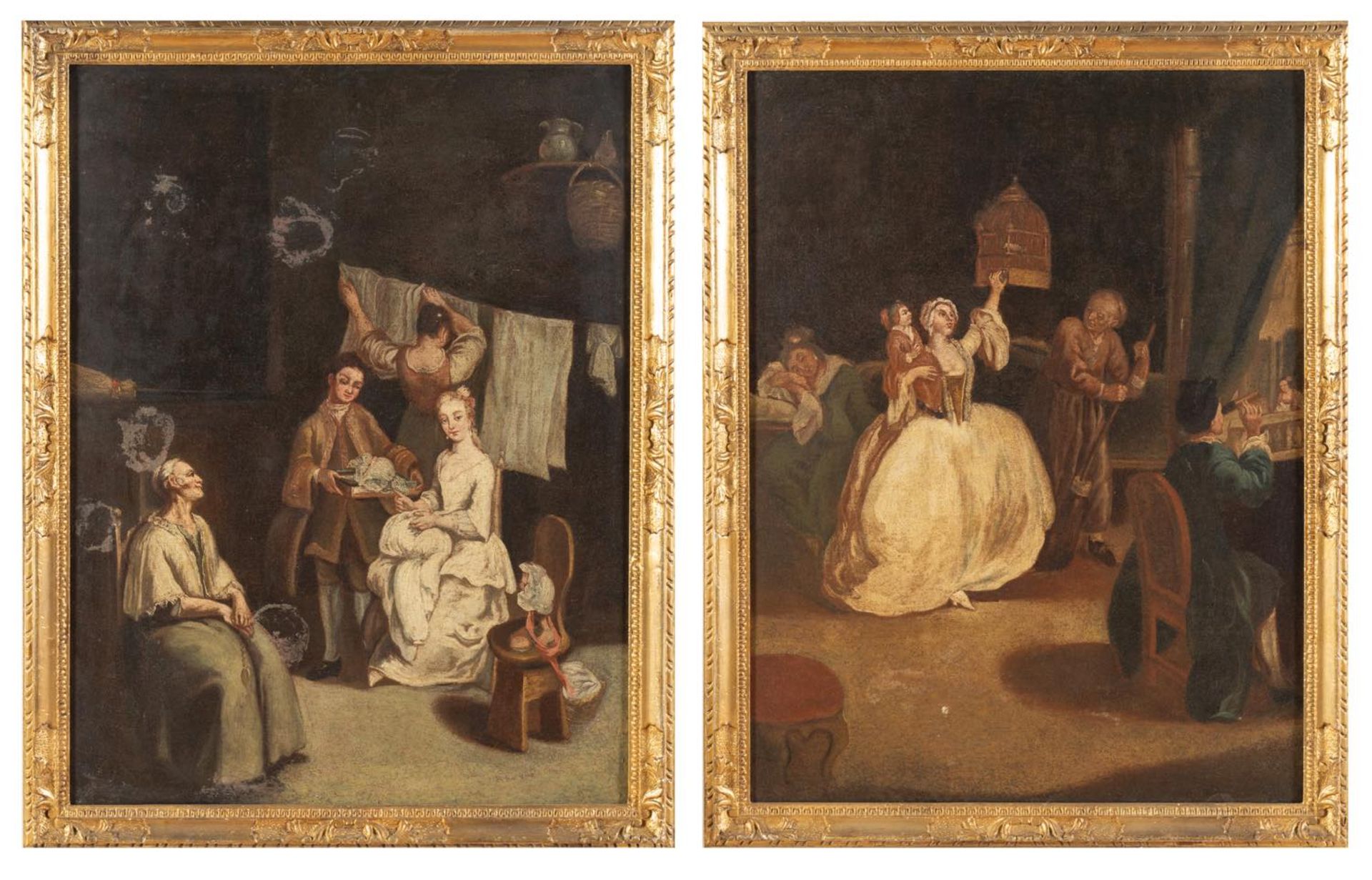 Maestro dei Riflessi (Venezia XVIII secolo), attribuiti a, Coppia di dipinti raffiguranti “Scene
