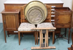 A mixed lot to include two assorted bedside cabinets, pair of Edwardian chairs, Moorish style