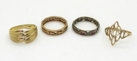Three 9ct gold rings, marquis shaped, size P, a dress ring, size P1/2, a clear gem eternity ring,