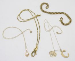 A 9ct gold figaro chain, with a handmade 'J' pendant, length 46cm,  a 9ct gold rope chain length