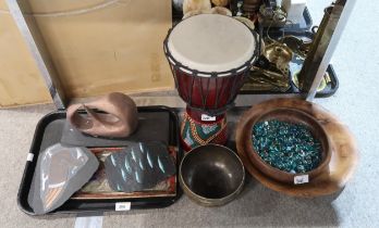A painted African drum, a Persian brass singing bowl, assorted treen and artworks Condition Report: