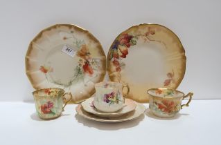 A nautilus pansy painted trio, a poppy and daisy painted cake plate, a brambles painted cake plate