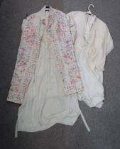 A 1920's ladies chiffon tea dress, a Japanese embroidered short jacket, a long house coat with