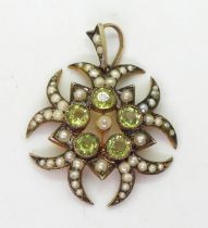 A 9ct gold Edwardian pearl and green gem set pendant, length with bail 3.2cm, weight 3.3gms
