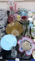 A blue glass Kenneth Turner dish, two glass obelisks, fluted vases and other pieces Condition