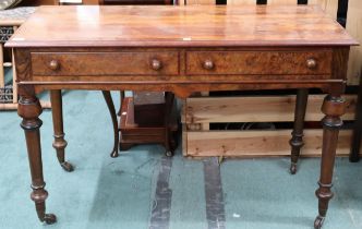 A Victorian mahogany and burr walnut two drawer hall table on turned supports, 72cm high x 114cm