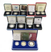 Royal Mint silver proof piedfort coins, to include a 2003 three-coin set (one pound, DNA two