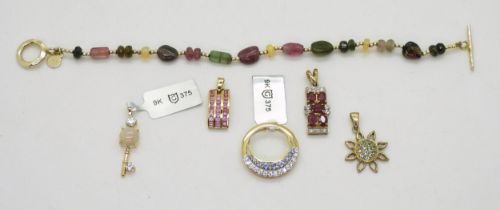 A collection of 9ct Gems TV jewellery to include a ruby and clear gem pendant, a tanzanite and clear