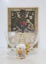 Two Harbridge George VI coronation glasses and souvenir programme together with a , an Elizabeth