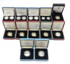 Eleven cased Royal Mint silver proof two pound coins, including three two-coin sets, together with a