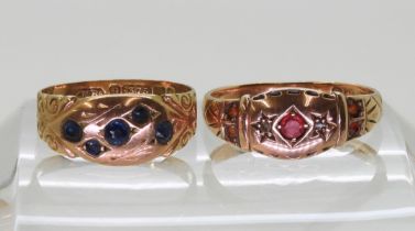 A 9ct rose gold ring hallmarked Birmingham 1938, set with rose cut diamonds and red gems, size O1/2,