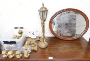 A lot comprising 20th century rococo style girandole mirror, oval wall mirror, two assorted brass