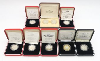 Eight cased Royal Mint silver proof piedfort two pound coins, including one two-coin set, 1989-