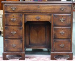 A Victorian mahogany and walnut veneered kneehole writing desk with single long drawer over single