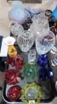 Two large Waterford crystal vases, another smaller, assorted coloured glass etc Condition Report: