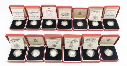 Thirteen cased Royal Mint silver proof piedfort one pound coins, 1980s-1990s (13) Condition Report: