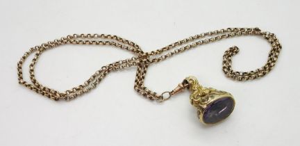 A 9ct gold guard chain, length 82cm, weight 14.6gms, together with an amethyst set rolled gold