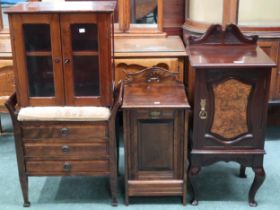 A mixed lot to include mahogany bedside cabinet, mahogany coal depot, piano stool and a glazed