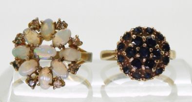 A 9ct gold sapphire cluster ring, size J, weight 3.3gms, together with a gold plated opal cluster
