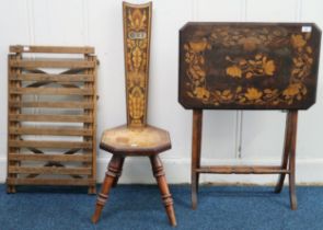 A lot comprising inlaid spinning chair and two assorted folding tables (3) Condition Report: